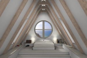 Dachgiebel mit blick aus Giebelfenster rund