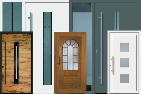 Verschiedene Arten von Haustueren aus Aluminium und Kunststoff in anthrazit, weiß und holzdekor.