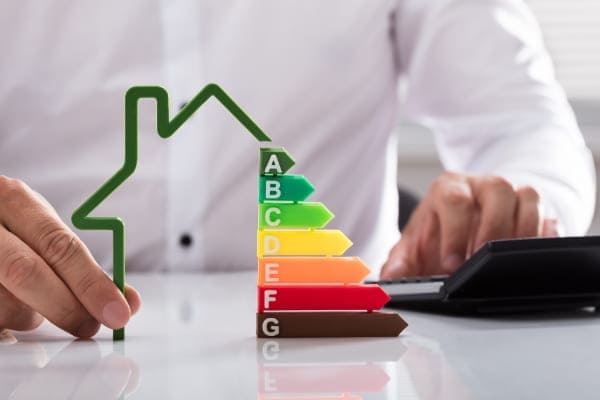 Mann senkt Energiekosten durch Fensteraustausch für sein Haus und stapelt Geld Münzen symbolisch für Geld sparen. Mann senkt Energiekosten durch Fensteraustausch für sein Haus und stapelt Geld Münzen symbolisch für Geld sparen.