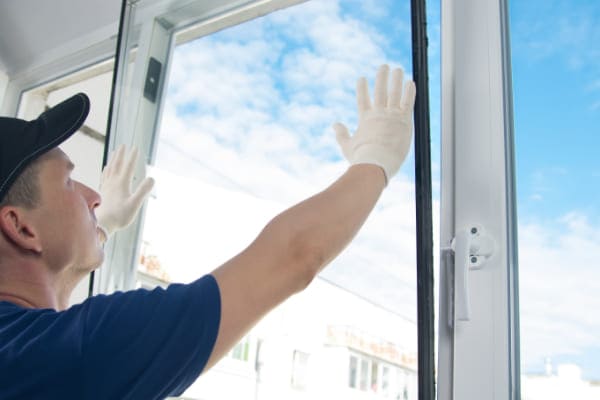 Monteur baut Wärmeschutzverglasung ein.