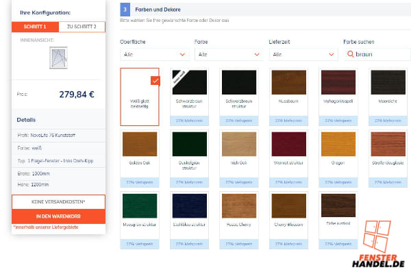 Fensterhandel Konfigurator mit verschiedenen brauntönen