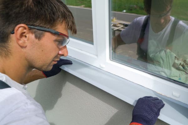 Mann montiert eine Fensterbank unter neues Fenster von Fensterhandel.de Mann montiert eine Fensterbank unter neues Fenster von Fensterhandel.de