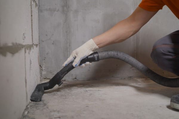 Mann saugt mit Staubsauger für einen sauberen Arbeitsbereich beim Fenstereinbau. Mann saugt mit Staubsauger für einen sauberen Arbeitsbereich beim Fenstereinbau.