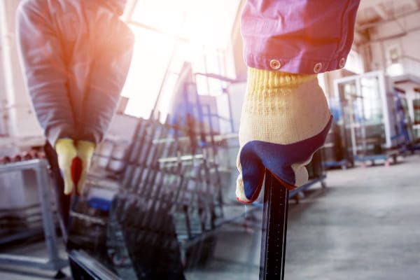 Fertigungsmitarbeiter hebt eine Dreifachverglasung für ein hochwertiges Fenster an