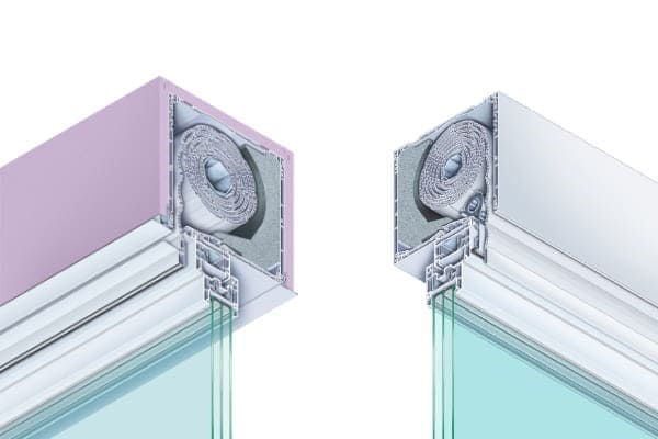 Zwei Typen von Rollläden, einmal der Aufsatzkasten mit Putzträger und einmal ohne.