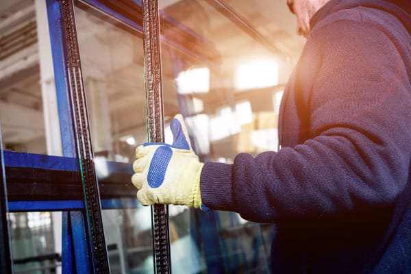 Person fertigt dicke Glasscheiben für Schallschutz an