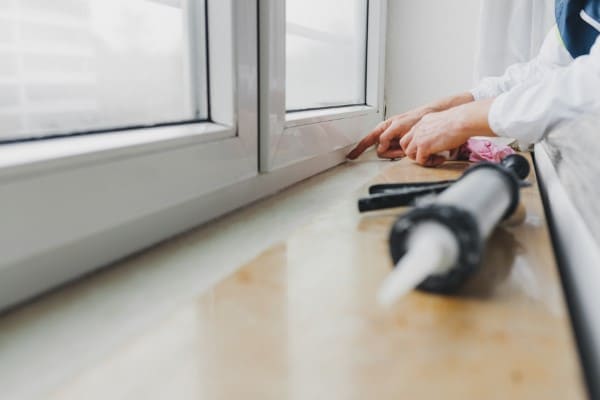 Kartusche mit Presse liegen zum Abdichten der Fenster bereit Kartusche mit Presse liegen zum Abdichten der Fenster bereit