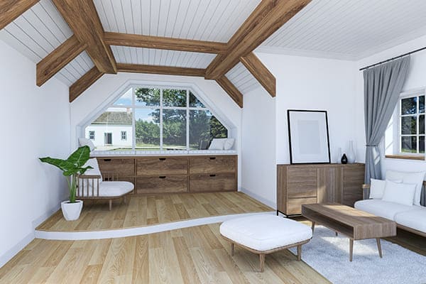 Großes Wohnzimmer von innen mit großem Erkerfenster. Großes Wohnzimmer von innen mit großem Erkerfenster.