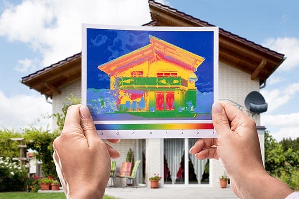 Wärmebild wird vor das Wohnhaus von einer Frau gehalten.