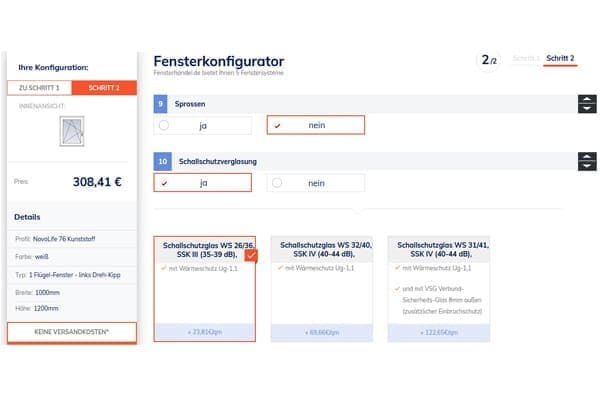FensterHandel.de Konfigurator mit Schallschutzglas.