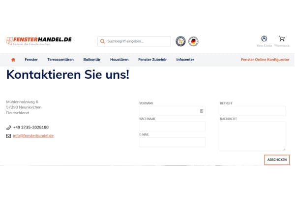FensterHandel.de Kontakt Formular.