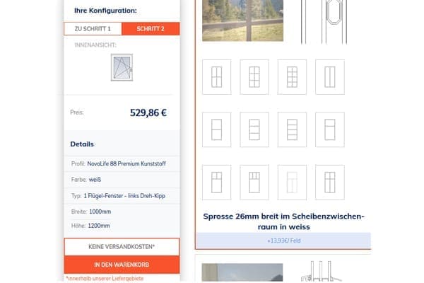 FensterHandel.de online Konfigurator im Schritt zwei zur Sprossenauswahl.