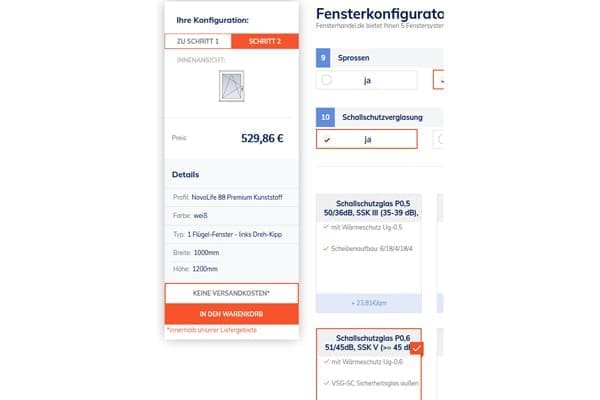 FensterHandel.de Konfigurator mit Schallschutzglas.