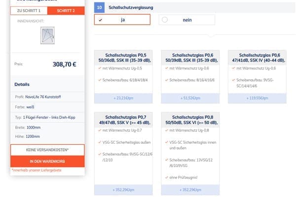 Ausschnitt vom FensterHandel.de Konfigurator Schallschutz. Ausschnitt vom FensterHandel.de Konfigurator Schallschutz.