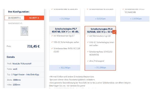 FensterHandel.de Ausschnitt aus Konfigurator Schallschutzglas. FensterHandel.de Ausschnitt aus Konfigurator Schallschutzglas.