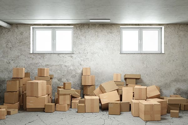 Zwei Fenster im Keller mit Kartons im Vordergrund. Zwei Fenster im Keller mit Kartons im Vordergrund.