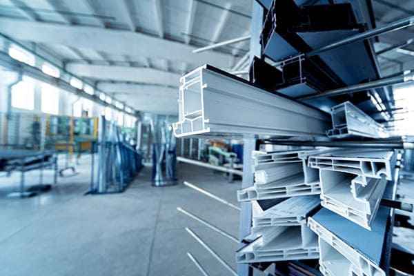 Kunstoffalu-Profile auf gestapelt in Produktionhalle