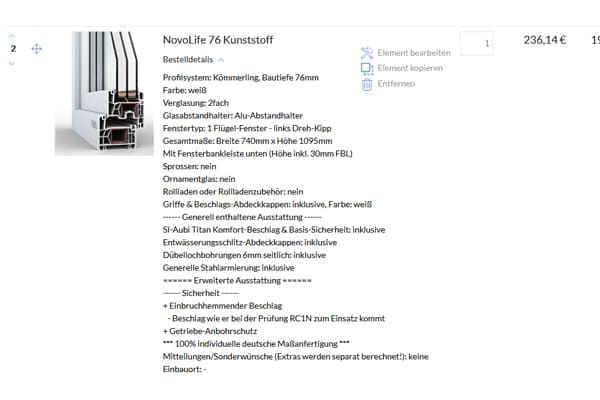 FensterHandel.de Konfigurator Warenkorb