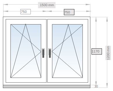 Kunststofffenster zweiflügelig Links und Rechts Dreh-Kipp - 1500mm x 1200 